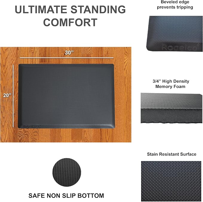 Rocelco 46" Height Adjustable Corner Standing Desk Converter with AC Outlet USB Charger and Anti-Fatigue Floor Mat - Sit Stand Up Tabletop Riser - Keyboard Tray - Black (R CADRB-46-ACUSB-MAFM) - Image 5
