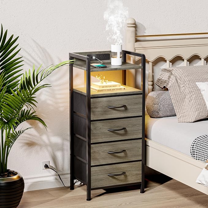 Lazzanto Nightstand with Rear Charging Station, LED Light, 4 Drawers, Grey | Industrial Nightstand, 2 USB-A Ports & AC Outlets, Raised Back Guard, Fabric Storage Drawers, Bedside Table for Bedroom, Dorm - Image 2