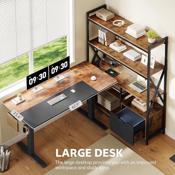 77.8 Inches L Shaped Standing Desk Corner Desk with Hutch Electric Height Adjustable Desk with Storage Shelves File Drawer Power Outlets Reversible Computer Gaming Desk for Home Office, Brown - Image 7
