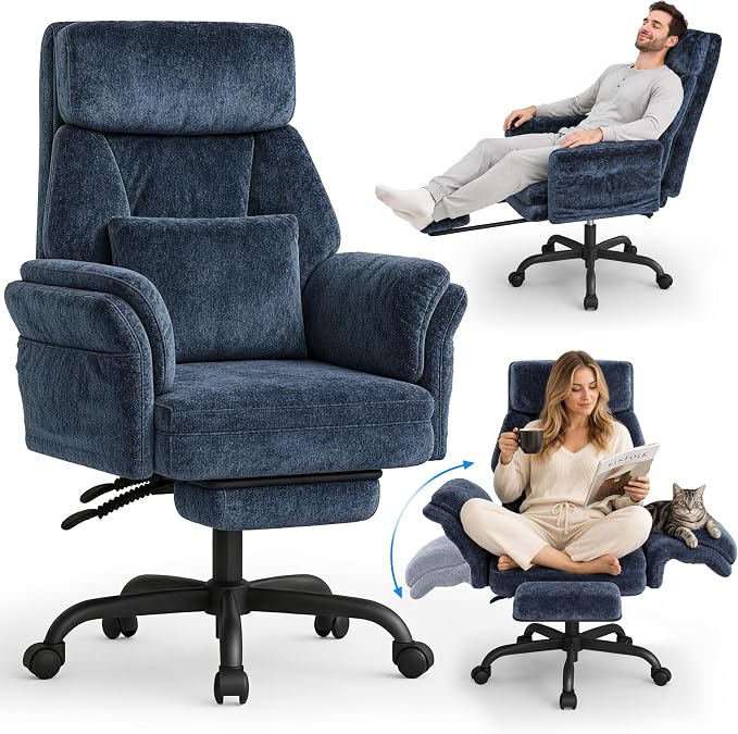 C57 Ergonomic Reclining Office Chair with Footrest, Velvet Desk Chair with 6-Stage Adjustable Wing Armrests for Cross Legged Sitting, Pet Friendly High Back Lounge Gaming Chair for Home Office by ELABEST