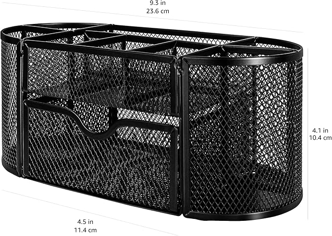 Amazon Basics Mesh Desk Organizer with Pen Holder, Pullout Drawer and Office Caddy Storage, 9.25" x 4.53" x 3.94", Black - Image 5
