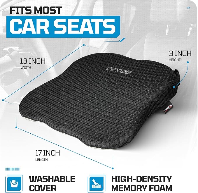 FORTEM Car Seat Cushion - Memory Foam Pillow for Driving | Ergonomic | Better Visibility | Promotes Tailbone & Sciatica Pain Relief | Adjustable Straps | Non Slip | Washable Cover - Image 3