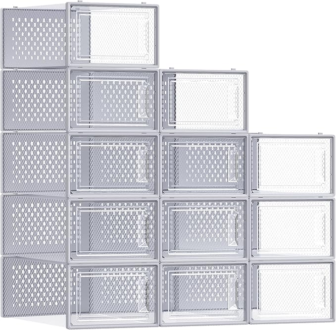 SONGMICS Shoe Boxes, Clear Plastic Sneaker Box, Pack of 12 | Stackable Shoe Storage Organizers, for Closet, 13.1 x 9.1 x 5.6 Inches, Transparent and Gray, DENNYS Collection ULSP006G12 by Unknown