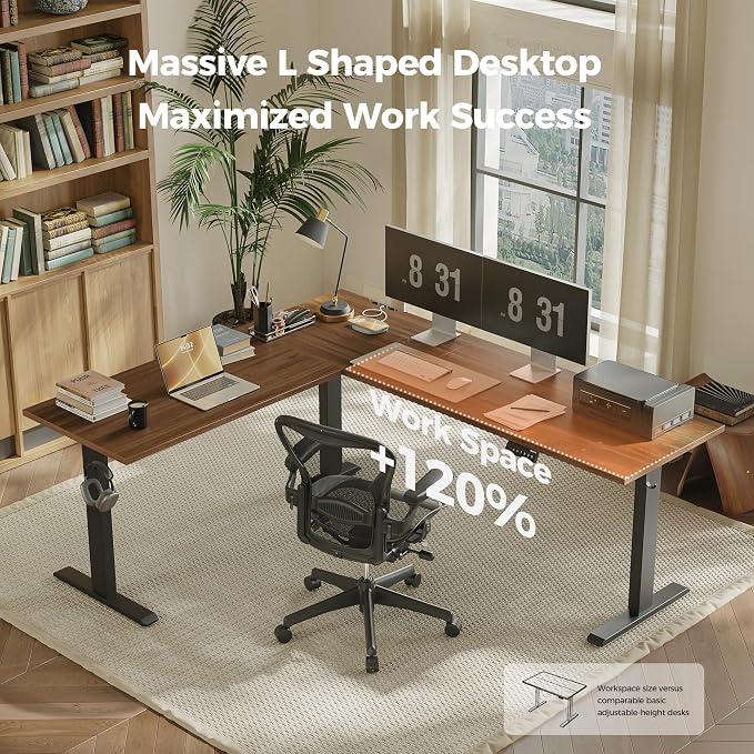 Agilestic L Shaped Standing Desk Adjustable Height, 75 Inch, Dark Walnut | Electric Height Adjustable, Spacious Corner Desktop, Sturdy Steel Frame, Memory Presets, 176 lbs, Splice Board - Image 4