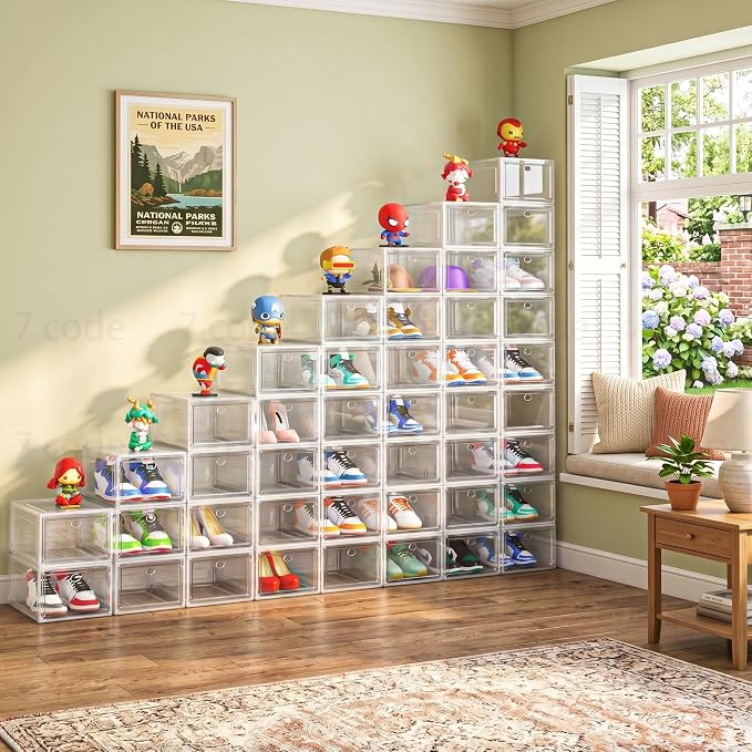 Sturdy Clear Shoe Organizer with Magnetic Door, Stackable Shoe Storage Box | Thick Plastic Shoe Storage for Sneakers & Boots, Collapsible Closet Shoe Rack and Clear Shoe Box, 6 Pack White - Image 2