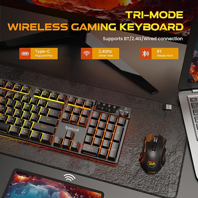 Redragon K521KS Wireless Gaming Keyboard, Tri-Mode BT/2.4G/USB-C RGB Mechanical Feeling Keyboard with Multimedia Keys, 4000mAh Battery, Anti-Ghosting, Compatible with PC - Upgrade - Image 2