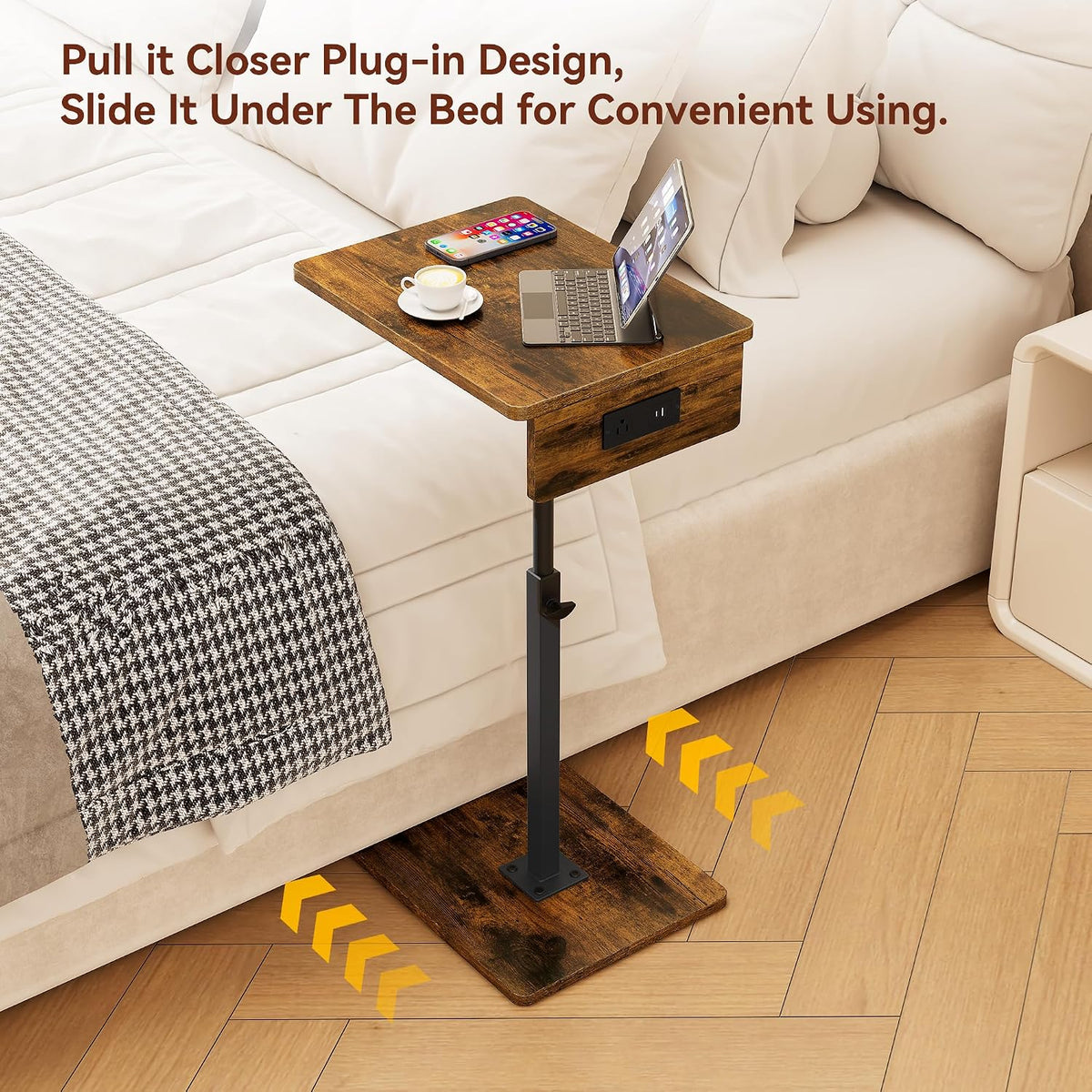 C Shaped End Table with Charging Station, Adjustable Height C Table End Table, 360°Swivel TV Tray Table for Small Spaces, Rounded Corners Couch Table, Side Tables Living Room for Sofa,Chair,Snack,Bed - Image 7