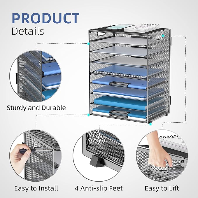 9-Tier Paper Organizer for Desk, Metal Mesh Letter Tray with Handles, Black | Desk File Organizer with Removable Trays for Sorting Files, Folders, Mail and Printer Paper at Home, School or Office - Image 4