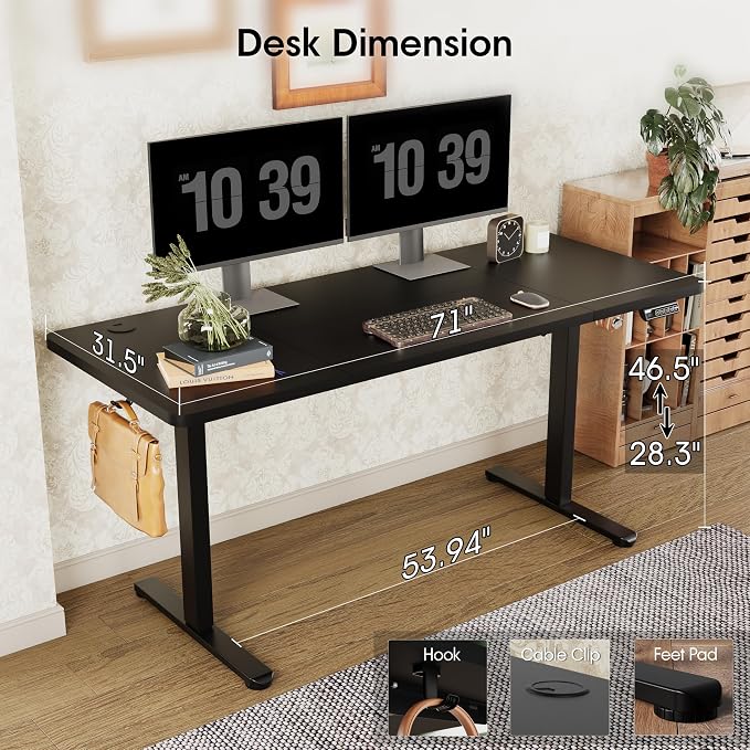 Monomi Large Electric Standing Desk 71“x31.5“ Height Adjustable,Black | Sit Stand Up Desk for Home Office,Ergonomic Computer desk with Memory Preset and Anti-Collision,Headphone Hook - Image 3