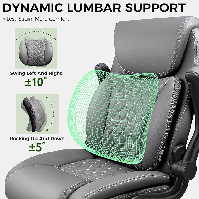 Office Chair, Ergonomic Executive Desk Chair with Lumbar Support for Lower Back Pain Relief, Padded Flip-Up Armrests, Leather Home Office Chair, Gray - Image 4