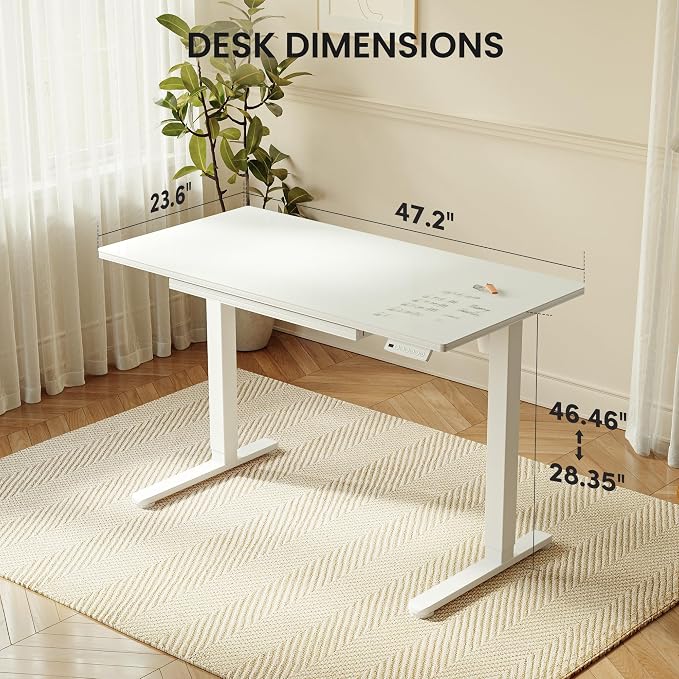 BANTI 48"x24" Standing Desk with Glass Top, Height Adjustable Computer Desk with Drawer, One-piece Rising Home Office Desks with Positon Memory, Sit Stand Up Electric Workstation Table, White - Image 3