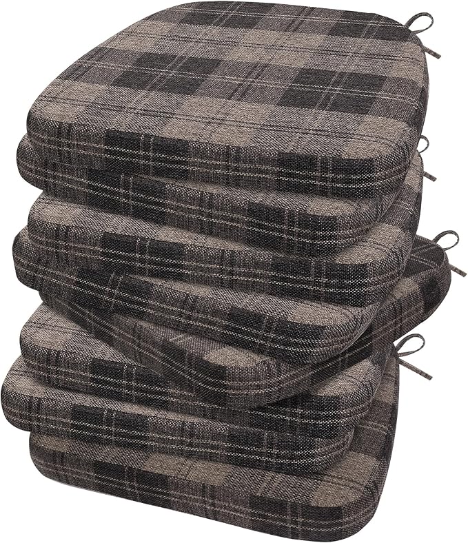 AAAAAcessories D-Shaped Chair Cushions, 2" Thick Dining Chair Pads with Ties and Removable, Machine-Washable Cover, 17" x 16", Set of 8, Brown Checkered by AAAAAcessories