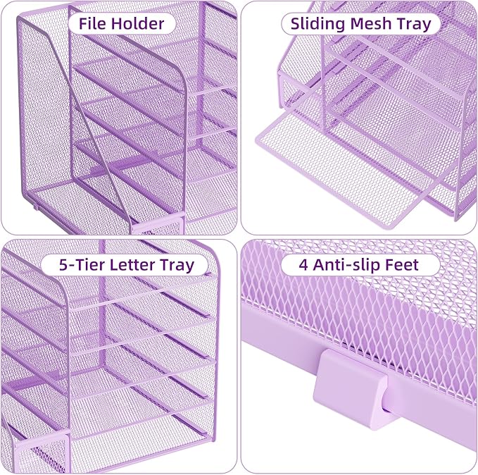 Marbrasse Desk Organizers and Accessories, 5-Tier Paper Letter Tray Organizer with File Holder, Mesh File Organizer, Office Desk Accessories & Organization for Supplies (Purple) - Image 4