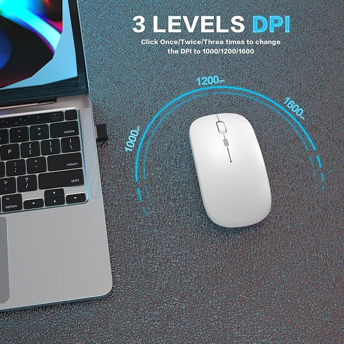 AIKOKOK Wireless Bluetooth Mouse, Rechargeable Dual Mode Mouse,Bright White | BT 5.2 & 2.4G USB Receiver, 3 Adjustable DPI,LED Lights,Slim,Silent,Portable Computer Mouse for Laptop,PC,MacBook,iPad,Tablet - Image 8