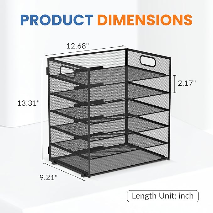 Daltack 6-Tier Paper Organizer for Desk with Handle, Black | Sturdy Metal Mesh Organizer with Movable Middle Trays and a Carry Handle for Papers, Folders and Office Supplies - Image 3