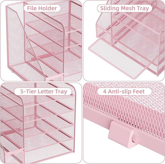 Marbrasse Desk Organizers and Accessories, 5-Tier Paper Letter Tray Organizer with File Holder, Mesh File Organizer, Office Desk Accessories & Organization for Supplies (Pink) - Image 4