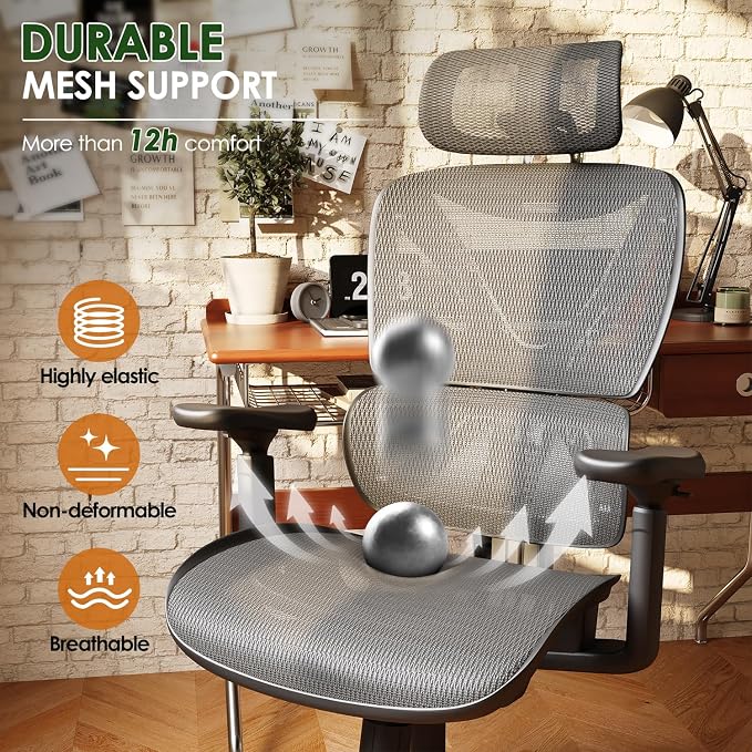 Ergonomic Office Chair, Big and Tall Mesh Chair with Lumbar Support, 3D armrest - 215° Rotation, Adjustable Headrest & Soft Seat, Durable Desk Chair 350LBS for Work Gaming Computer,Grey - Image 7