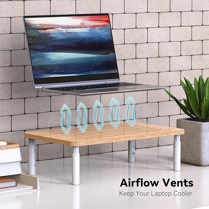 Bamboo Monitor Stand Riser, 4 Adjustable Height,Easy Assembly | Laptop Stand with Airflow Vents, Desk Organizer for Computer, PC, Printer - Image 7