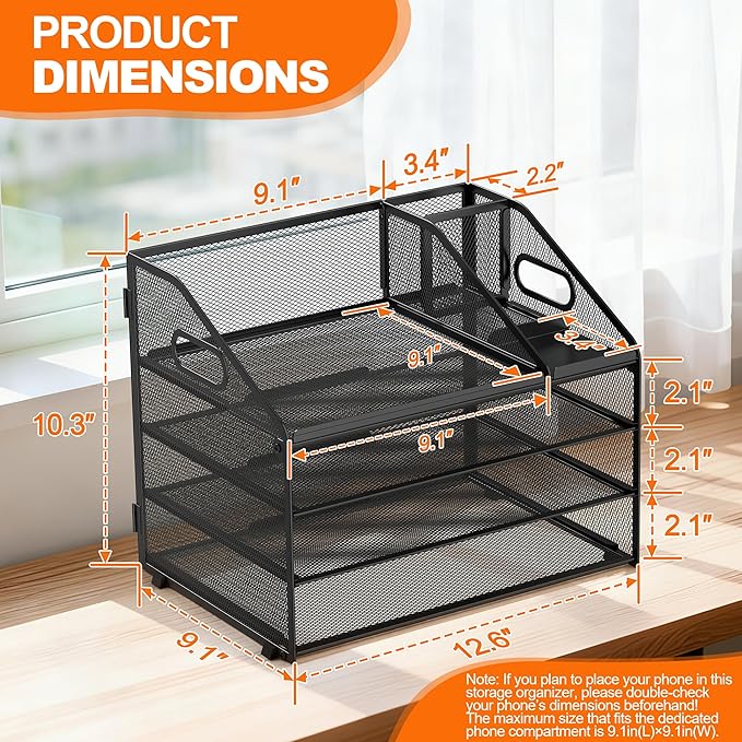 DocNest 4 Tier Metal Mesh Desk File Organizer with Phone Shelf, Black | Desktop letter tray sorter features a 9.1x9.1 inch top phone holder, built-in sticky note compartment and pen holder - Image 2