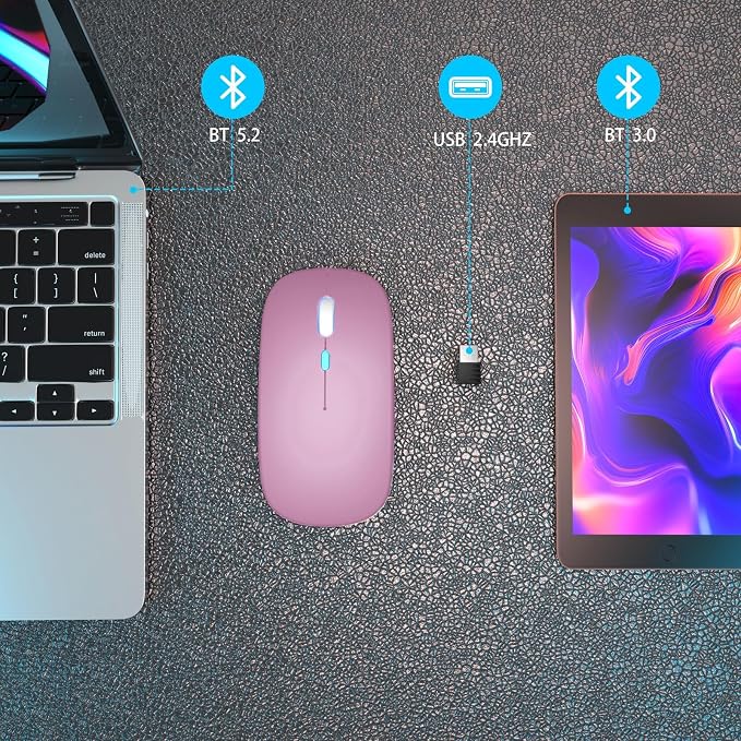 AIKOKOK Wireless Bluetooth Mouse, Rechargeable Dual Mode Mouse, Rose Gold | BT 5.2 & 2.4G USB Receiver, 3 Adjustable DPI,LED Lights,Slim,Silent,Portable Computer Mouse for Laptop,PC,MacBook,iPad,Tablet - Image 4