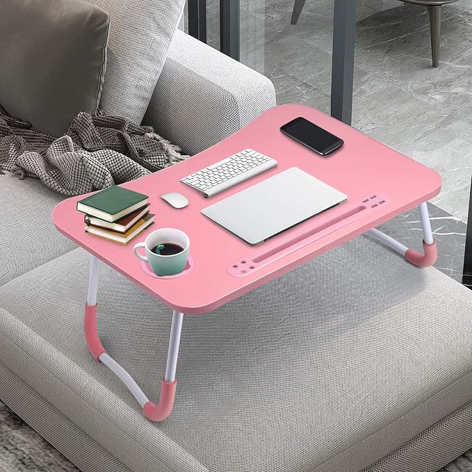 Slendor Foldable Lap Desk with Cup Holder for Bed, Couch, Floor | Portable,with USB Light, Fan, Pen Holder,Tablet Holder,for Laptop,Writing,Eating, Pink - Image 7