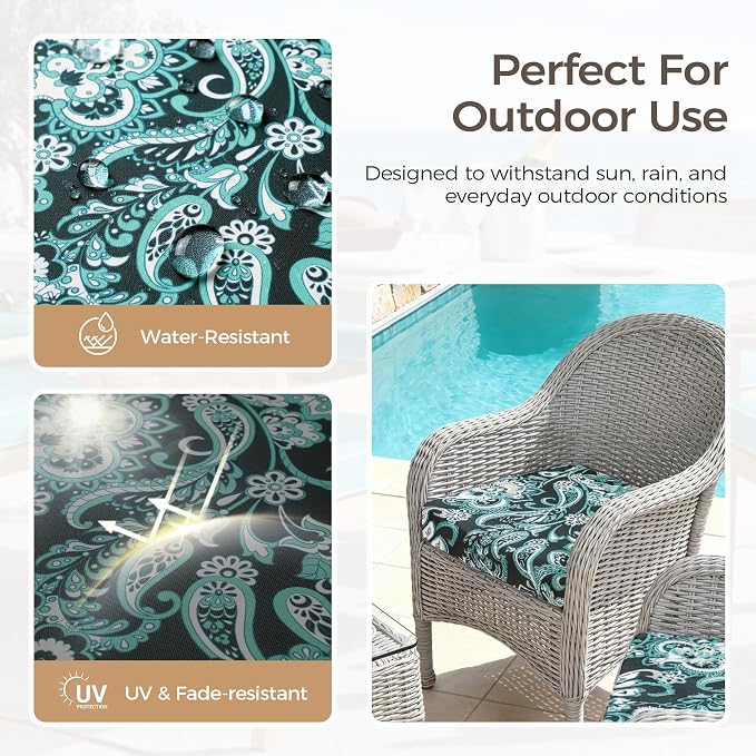 UNIKOME Outdoor Chair Cushions Set of 4, Water Resistant Patio Seat Cushions with Ties for Outdoor Furniture, High-Density Foam, UV & Fade Resistant, Piped Edge – 19" x 19" x 3", Boho Teal Paisley - Image 3