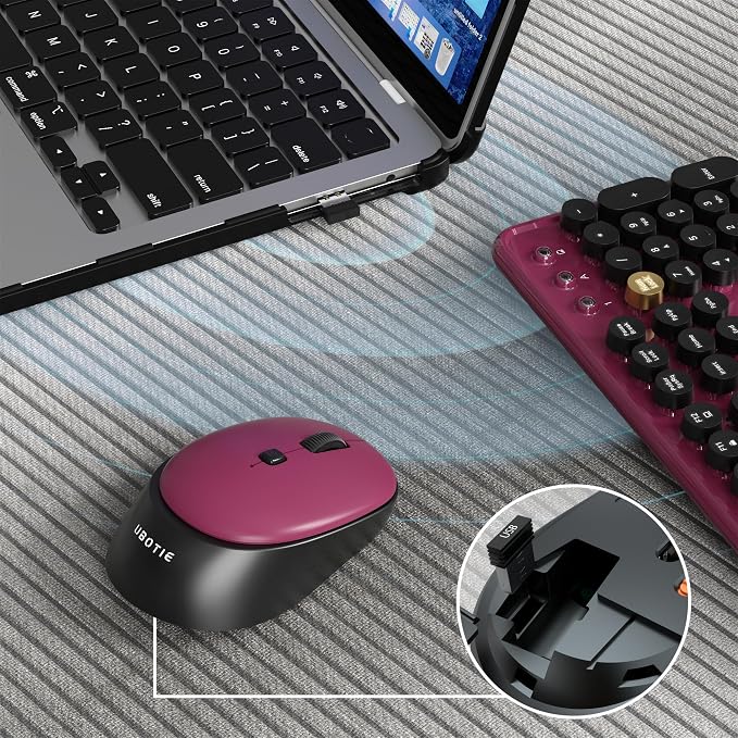 Colorful Wireless Computer Keyboards Mouse Combos (Black Claret) | UBOTIE Polychrome Round Keycaps Retro PC keyboards 2.4GHz Radio Frequency Connection With Optical Mouse Power Switch - Image 4