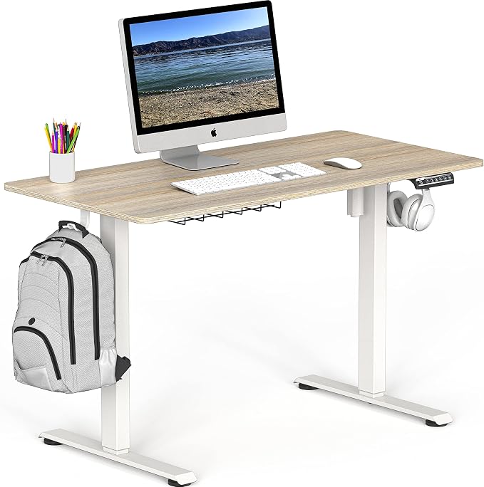 SHW 48-Inch Electric Height Adjustable Sit to Stand Desk, Maple | with Hanging Hooks and Cable Management, White Frame and Maple Top - Image 5