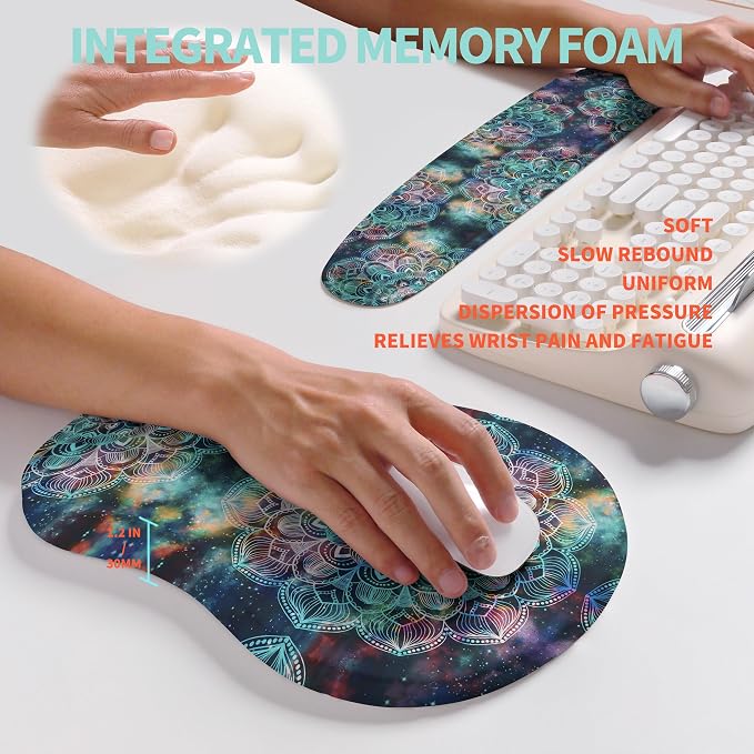 2-in-1 Ergonomic Set, Wave Rise Keyboard Wrist Rest and Massage Bulge Slope Mouse Pad Wrist Support, Cushion Memory Foam Integrated to Relieve Wrist Pain, Galaxy Mandala - Image 4