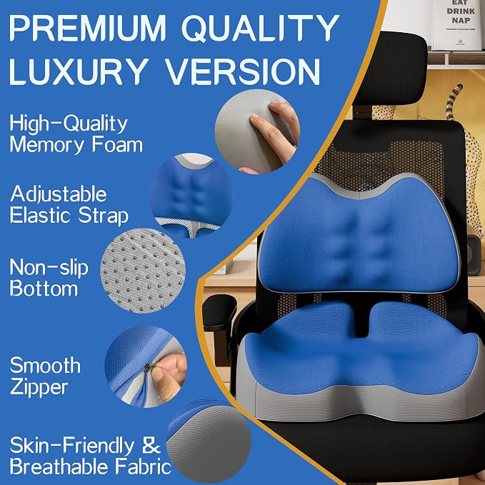 Benazcap Large Memory Foam Seat Cushion Lumbar Support Pillow for Sciatica & Tailbone Pressure Relief Coccyx Pad for Office Chair, Wheelchair, Car, Home, Office, Blue - Image 2