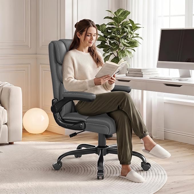 Office Chair, Executive Mid-Back Computer Desk Chair with Flip-up Armrests | 300 Lbs Ergonomic Leather Swivel PC Chair with Rock Function for Working Studying (Gray) - Image 8