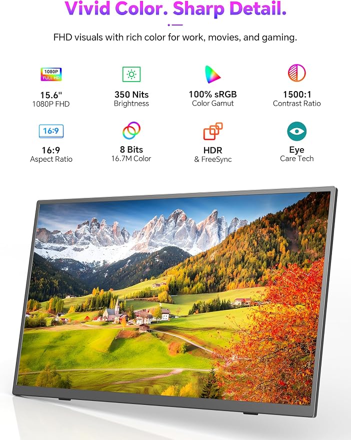 15.6" Portable Monitor Touchscreen, 1080P 10-Point Touch Portable Monitor | 1500:1 USB-C HDMI Travel Screen w/ Sleeve Bag & Speaker, 2nd External Display for Laptop Mac PC Phone Tablet, VESA Mountable - Image 4