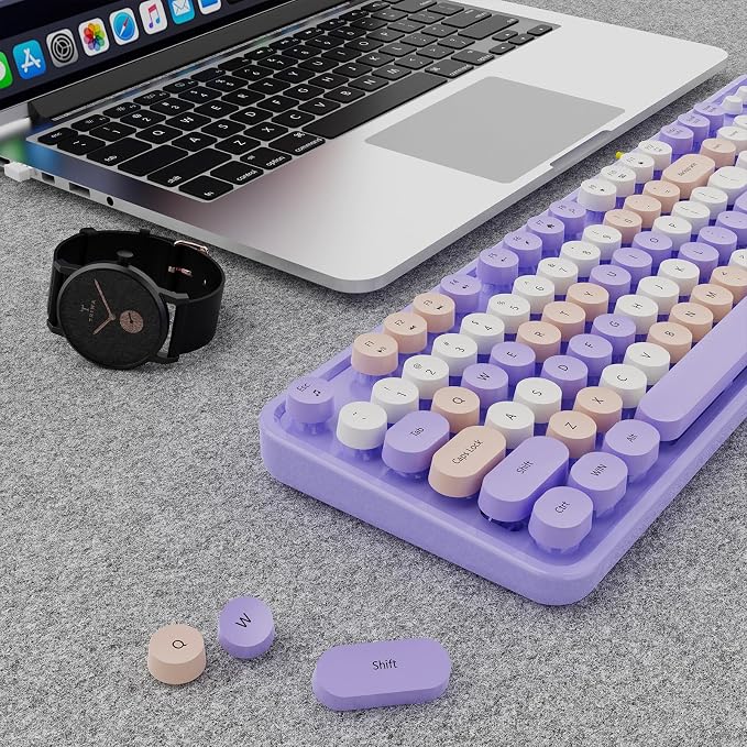 SkyGive Wireless Keyboard and Mouse Combo, Ergonomic Full Size Typewriter Retro Round Keycaps Keyboard, Compatible with Windows, PC, Perfer for Home and Office Keyboards (Lavender Purple - Image 9