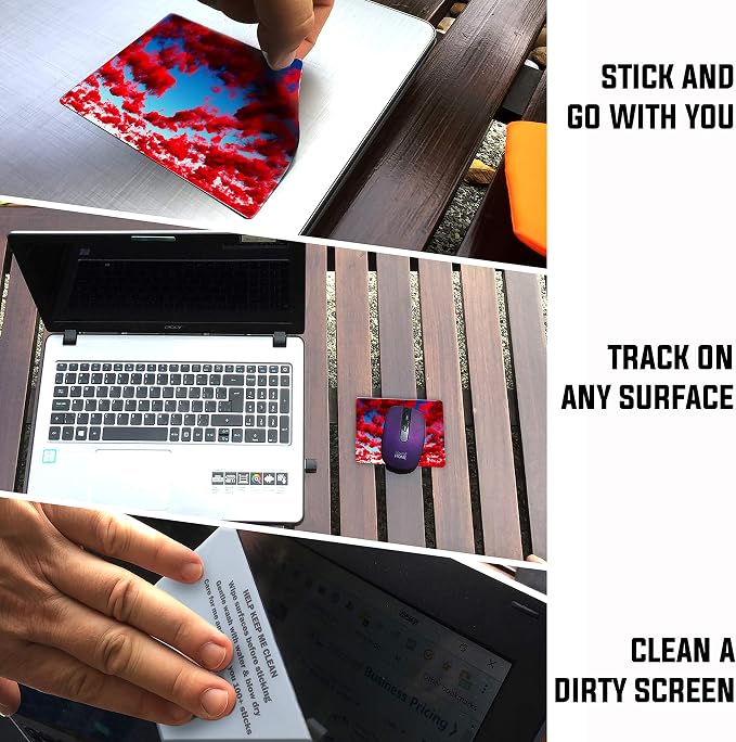 Mouse Pad Adhesive Bottom - Sticks to Any Surface - Portable - Webcam Covers and Screen Cleaner Included (RED Clouds) - Image 2