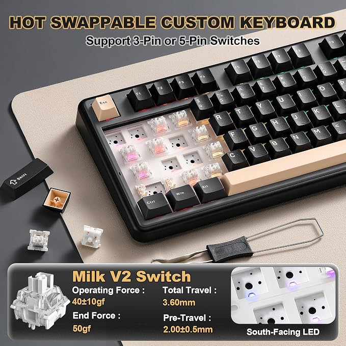 YUNZII B98 PRO 96% Wireless Mechanical Keyboard (Black, Milk Switch) | QMK/VIA, with Numpad, Dual-Style Knob Design, Creamy Pre-Lubed Switches, Hot Swap, Gasket Mount, RGB for Gaming/Win/Mac - Image 6