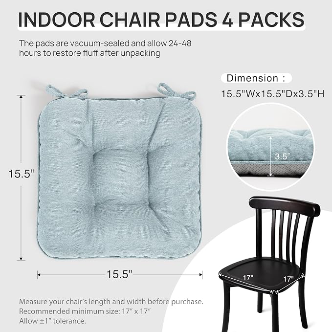 Love's cabin Memory Foam Chair Cushions Set of 4, 15.5 Inch, Light Blue | 15.5"x15.5"x3.5", Indoor & Outdoor Chair Seat Pads with Non-slip Bottom and Ties, for Dining, Kitchen, Office and Patio Chair - Image 2