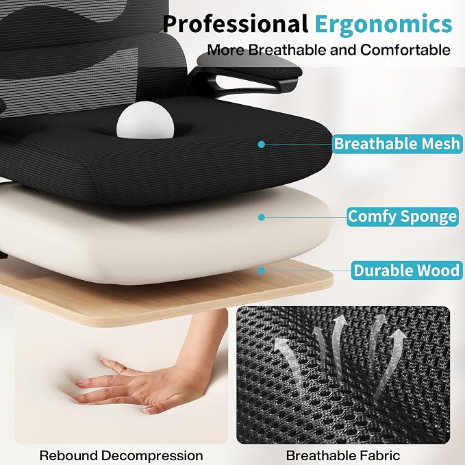 Ergonomic Office Chair,Mesh Office Chair with Lumbar Support,High Back Desk Chair with Flip-up Arms,400 lbs Big and Tall Computer Chair with Headrest,Comfy Desk Chairs - Image 6