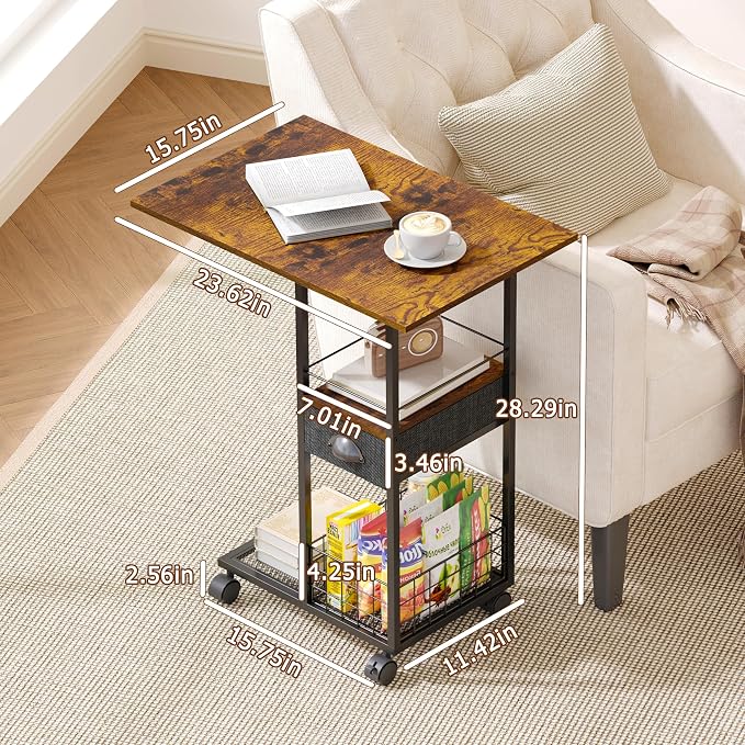 Rolling C-Shaped Side Table with Wheels and Oversized Wood Top, Mobile Overbed Stand with Drawer for Bed or Sofa, Metal Frame Couch Companion for Living Room, Bedroom, or Home Office (Large Desktop) - Image 3