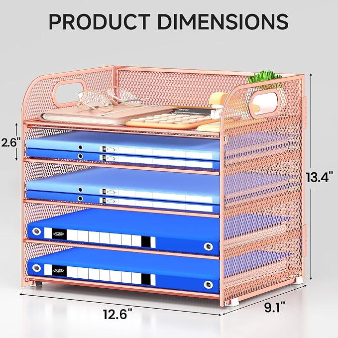 Paper Organizer Letter Tray with Handle Mesh 5 Trays | Desk File Organizer Paper Sorter Desk Organizer for Office, Home or School-Rose Gold - Image 2