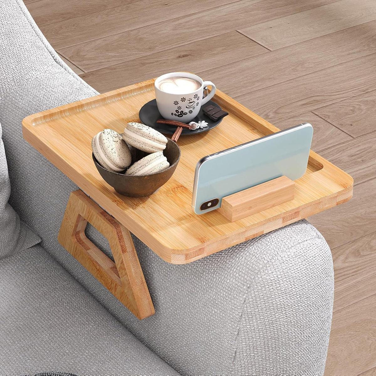 Couch Arm Tray with 360°Phone,Bamboo Folding Sofa Tray,Sofa Armrest Trays Clip-On Couch Desk for Drinks,Snacks,Phone,Remote Control（Natural） - Image 4