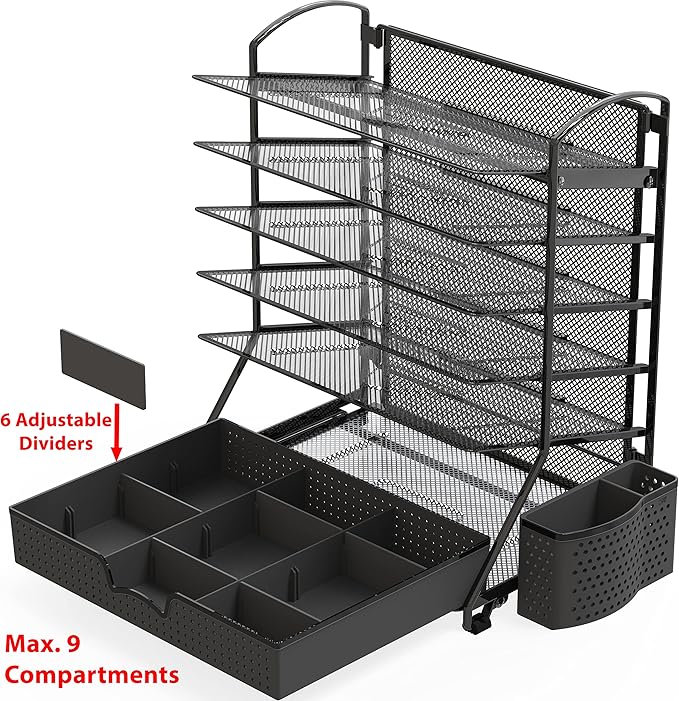 Simple Houseware 6-Tier Desk File Organizer w/Drawer & Pen Holder, Black | 5 Tilted Letter Trays for A4 Paper, Mail and Documents - Image 3