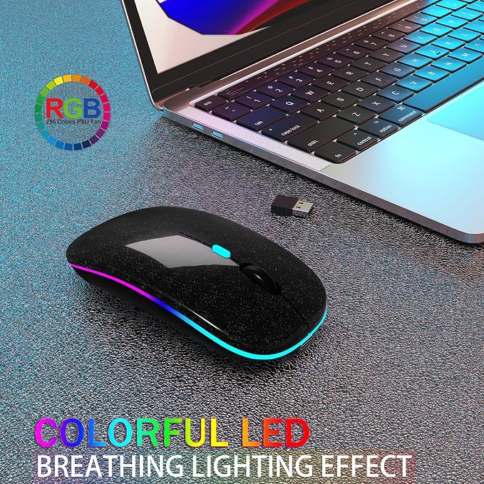 AIKOKOK Wireless Bluetooth Mouse, Rechargeable Dual Mode Mouse, Black Pearl | BT 5.2 & 2.4G USB Receiver, 3 Adjustable DPI,LED Lights,Slim,Silent,Portable Computer Mouse for Laptop,PC,MacBook,iPad,Tablet - Image 2