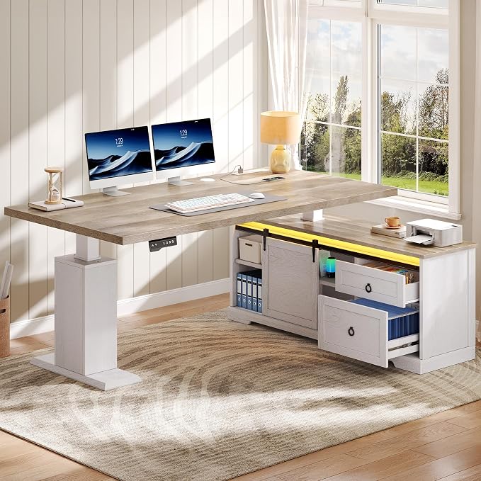 YITAHOME L Shaped Standing Desk with Power Outlets & LED Lights | 63" Farmhouse Electric Standing Desk Adjustable Height Sit Stand Corner Stand Desks with Drawers & Sliding Door, Grey Wash by YITAHOME