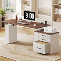 75.5 Inches Electric Standing Desk with Drawers Farmhouse Sit Stand Desk with Storage Adjustable Height Computer Desk with Power Outlets Printer Space for Home Office White and Walnut by Homiflex