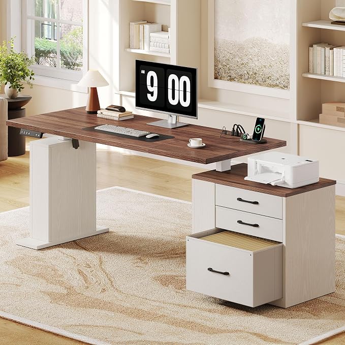 75.5 Inches Electric Standing Desk with Drawers Farmhouse Sit Stand Desk with Storage Adjustable Height Computer Desk with Power Outlets Printer Space for Home Office White and Walnut by Homiflex