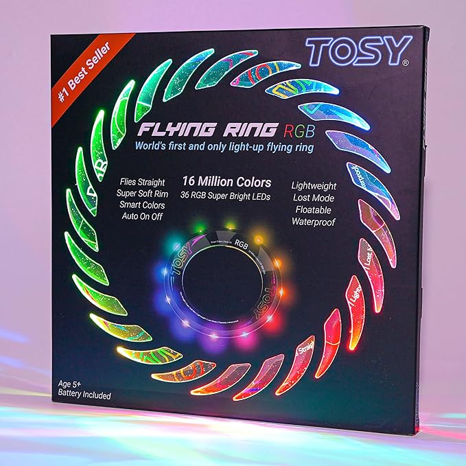 TOSY Flying Ring - 36 RGB Multicolor or 12 Monocolor LEDs, Super Bright, Lost Mode, Auto Light Up, Camping Essentials for Kid/Teen/Boy/Girl, Safe & Soft, Waterproof, Pool/Beach Games, Lightweight Toy by TOSY