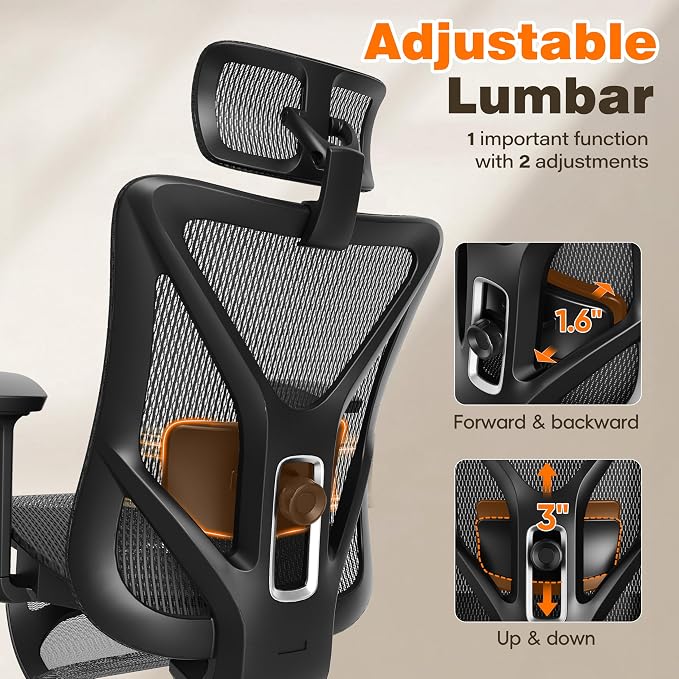 Ergonomic Office Chair with Footrest, 135° Reclining Desk Chair with Adjustable Lumbar Support,3D Armrest,Headrest & Large Steel Base, 300LBS Heavy Duty Mesh Chair - Image 3