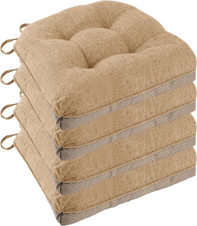 Chair Cushions for Dining Chairs Set of 4, 18"x18"x3", Cappuccino | Non-Slip with Ties, Tufted, Faux Linen, Seat Cushions for Dining Room Kitchen Breakfast Nook Indoor Home Office Living Room by FlyGulls