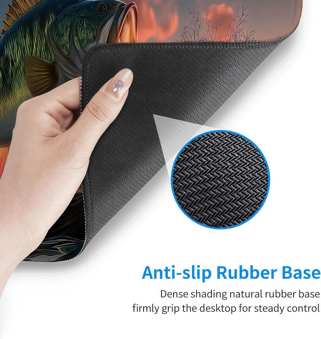 Large Gaming Mouse Pad with Bass Fish Sunset Design, Non-Slip Rubber Base, Stitched Edges, Extended Size 35.4 x 15.8 inches - Image 4