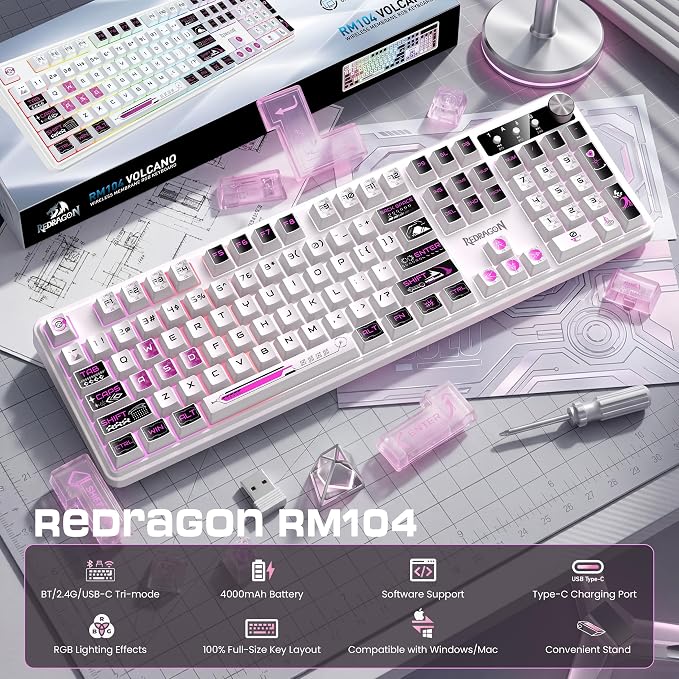 Redragon RM104 Wireless Keyboard with Knob, Tri-Mode BT/2.4G RGB Computer Keyboards, 4000mAh Battery, Programmable Software Support, Anti-Ghosting, Compatible with PC Mac - Pink & White - Image 2